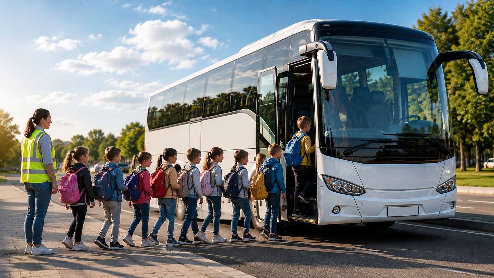 Детская группа едет на автобусе